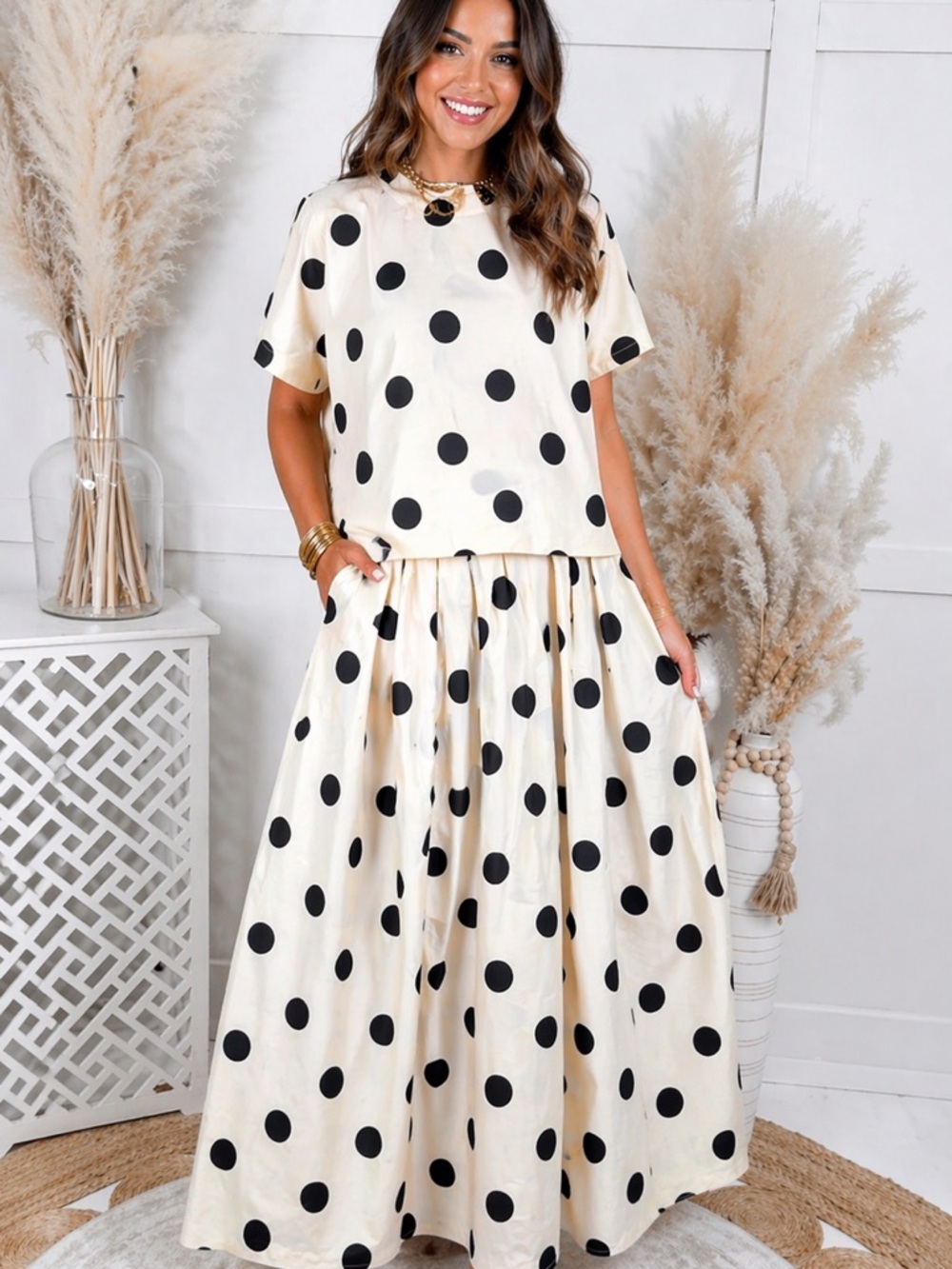Polka Dot Two-Piece Maxi Skirt Set - Cream & Black